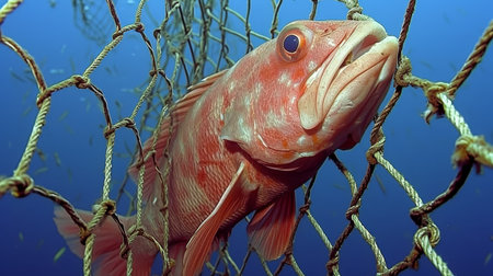 Fish caught in fishing net  highlighting the impact of human waste on marine lifeの素材