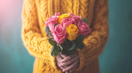 Close up of woman s hands holding vibrant bouquet of colorful flowers, beautiful floral arrangementの素材