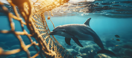 Dolphin trapped in fishing net showcases human waste s impact on underwater marine life.の素材