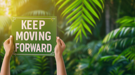 Motivational concept  woman holding sign  keep moving forward  on blurred background, success theme.の素材