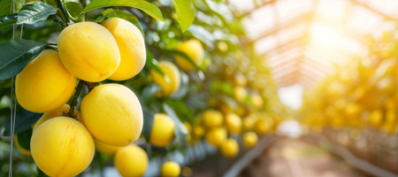 Organic peaches growing on tree in greenhouse, emphasizing healthy fruit concept in natural setting.の素材