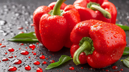 Vibrant red bell peppers with water droplets, fresh vegetables as a beautiful backdropの素材