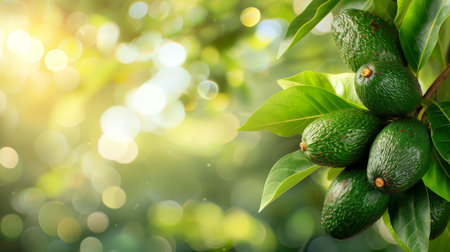 Ripe avocados on tree in greenhouse, healthy fruits concept with space for text placement.の素材