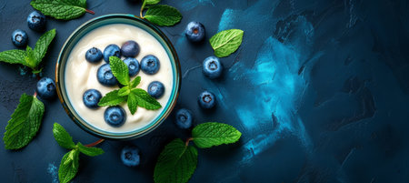 Fresh blueberries and yogurt on background, top view above   healthy and delicious breakfast conceptの素材