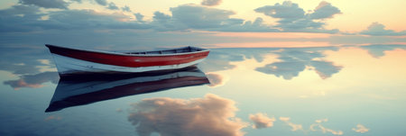 Tranquil boat on calm sea near beachline, pastel monochromatic landscape with copy spaceの素材
