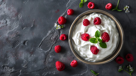Fresh raspberries and yogurt on background, top view shot from above angle, healthy eating conceptの素材