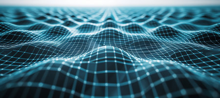 Abstract geometric molecules on dark blue background, futuristic digital science concept design.の素材