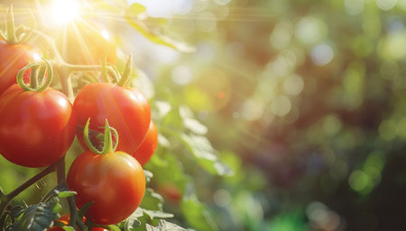 Organic agriculture concept  red tomatoes growing on a bush in a greenhouse with copy space.の素材