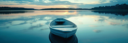 Tranquil boat on calm sea near beachline, pastel monochromatic landscape with space for text.の素材