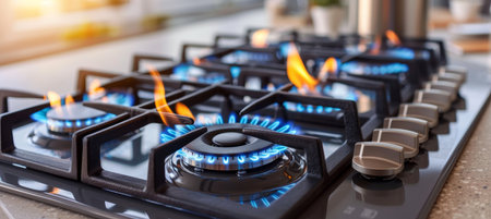 Blue propane gas flames on kitchen stove top with copy space, close up shot for text placementの素材
