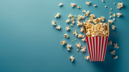 Scattered delicious popcorn from red striped box on pastel blue background with copy space for textの素材
