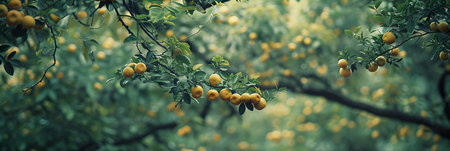 Ripe organic oranges growing on tree in greenhouse, healthy fruits concept with copy spaceの素材