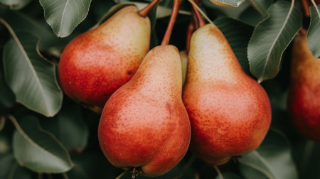Ripe organic pears growing on tree in greenhouse, healthy fruits concept with copy spaceの素材