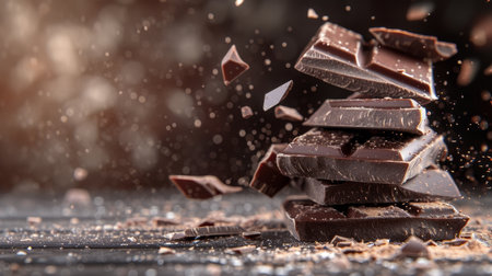 Chocolate and bonbons burst splash levitation on dark gradient background with text spaceの素材