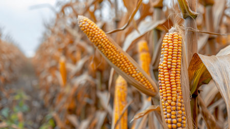 Ripe golden corn cobs in plantation field, agriculture background with space for text placement.の素材