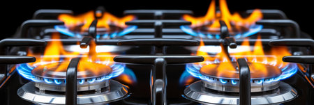 Blue flames of propane gas on kitchen stove top, captivating close up shot with room for text.の素材