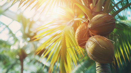 Ripe coconuts on tree in greenhouse, healthy fruit concept with copy space for text placementの素材