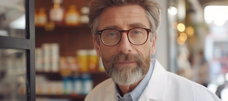 Senior male pharmacist in modern pharmacy, man in glasses on blurred background with space for text.の素材