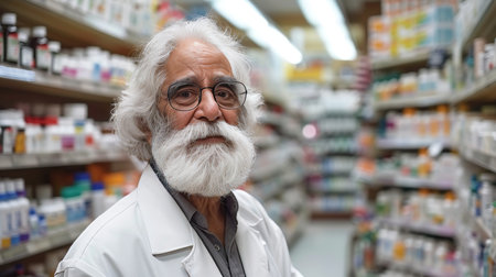 Senior pharmacist in modern pharmacy, man in glasses in blurred background, ample space for text.の素材