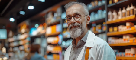 Experienced male pharmacist in modern store, standing with glasses, blurred backdrop, copy spaceの素材