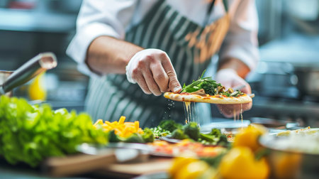 Professional chef making pizza with fresh ingredients in modern restaurant kitchenの素材