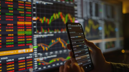 Businessman using smartphone app for stock market trading with holographic investment conceptの素材