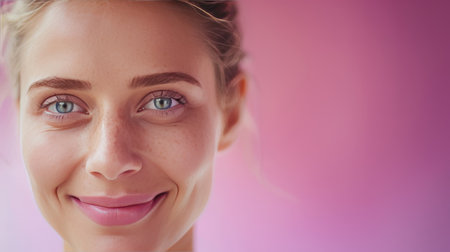 Joyful young woman in casual attire on light monochromatic background with space for text placementの素材