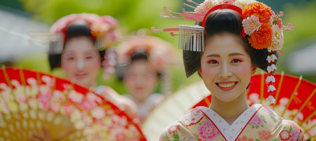 Geisha in vibrant kimono amid bamboo forest, with blurred background and space for text.の素材