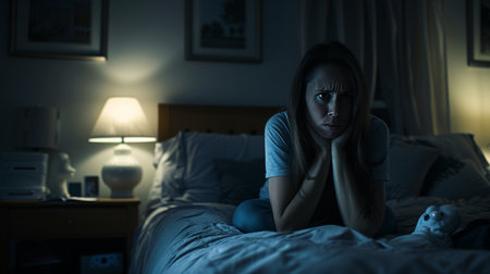 A woman experiencing illness, nightmares, depression, and insomnia with space for text placementの素材