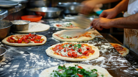 Chef preparing delicious pizza with fresh ingredients in modern restaurant kitchenの素材