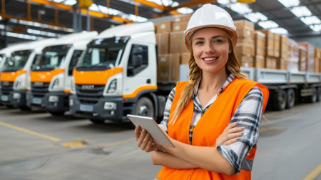 Retailer warehouse manager overseeing worker loading delivery truck with cardboard boxes.の素材