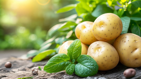 Lush and vibrant abstract background of a potato plantation on a sunny summer dayの素材