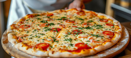 Chef adding ingredients to pizza in modern restaurant kitchen with copy space for textの素材