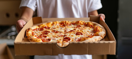 Casually dressed man holding italian pizza in flat box, with copy space, food delivery conceptの素材