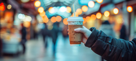 Cafe customer holding iced coffee drink with straw on blurred background, copy space for textの素材