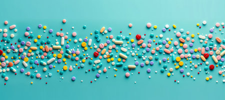 Vibrant pharmaceutical pills and capsules on blue healthcare and medicine with space for text.の素材