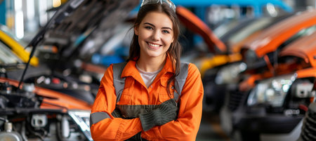 Skilled female auto mechanic in car service garage with space for text and tools around her.の素材