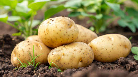 Lush potato plantation abstract background in tranquil summer day landscape viewの素材