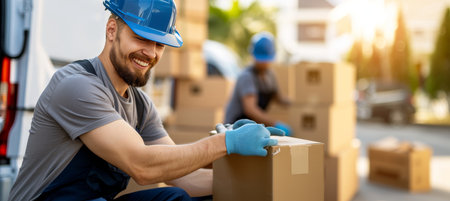 Skilled moving team unloading packages from van outdoors as part of moving service operation.の素材