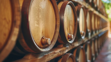 Modern wine cellar with rows of wooden barrels, creating a winery industry environment background.の素材