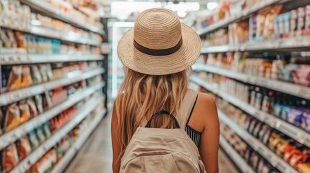 Happy woman shopping for groceries in a supermarket, selecting fresh produce and products.の素材