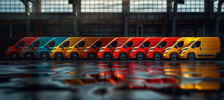 Row of new vans in parking bay ready for work with blurred warehouse background and copy spaceの素材