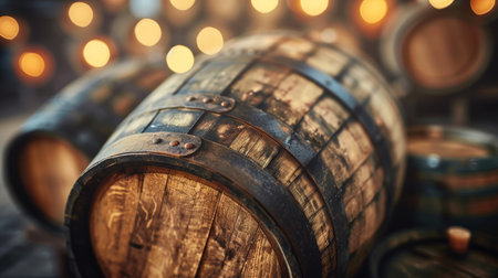 Wooden barrels in modern wine cellar for wine production, winery industry environment backgroundの素材