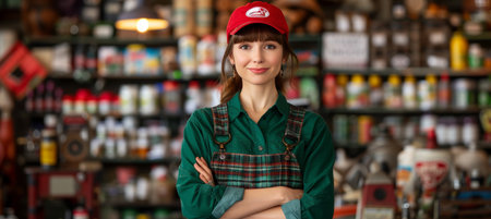 Confident female auto mechanic working in car service garage with copy space for text placementの素材