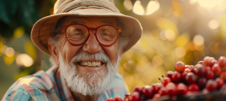 Aged brazilian farmer gathering coffee beans in basket with space for text placement.の素材
