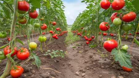 Lush and vibrant tomato plantation creating an abstract background on a sunny summer dayの素材