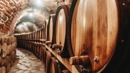 Modern wine cellar with wooden barrels  winery industry environment background for wine productionの素材