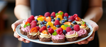 Female waiter serving snacks on plate at business event or party during coffee breakの素材