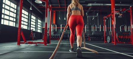 Young woman exercising with battle rope at gym, copy space for text placement availableの素材