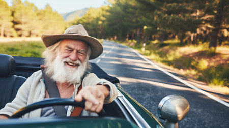 Happy bearded senior man on luxurious cabrio adventure during summer road trip in italyの素材